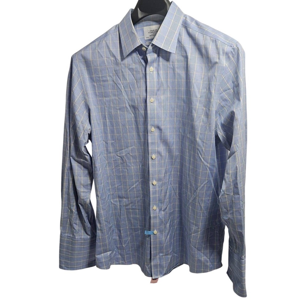 Charles Tyrwhitt 18/37 Slim Fit Non Iron Dress Shirt Blue Yellow Check French